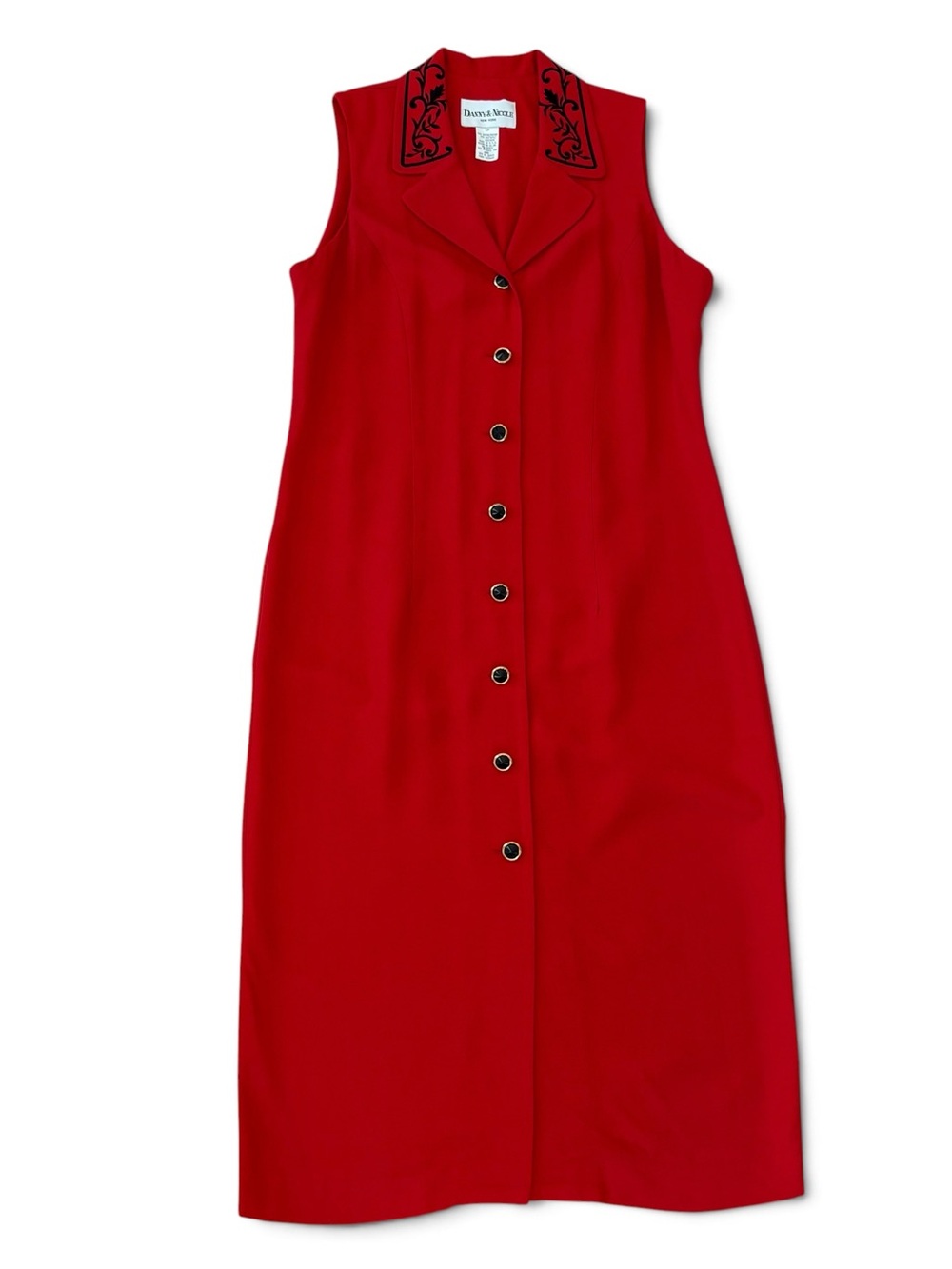 Vintage Red Embroidered Holiday Fall Dress Collared Sleeveless